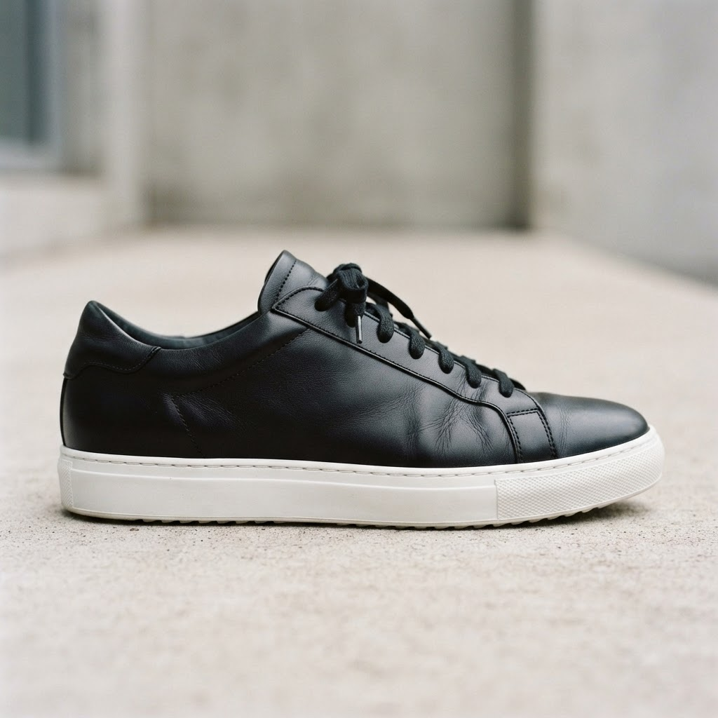 After: Worn black leather low-top trainer before and after a deep clean