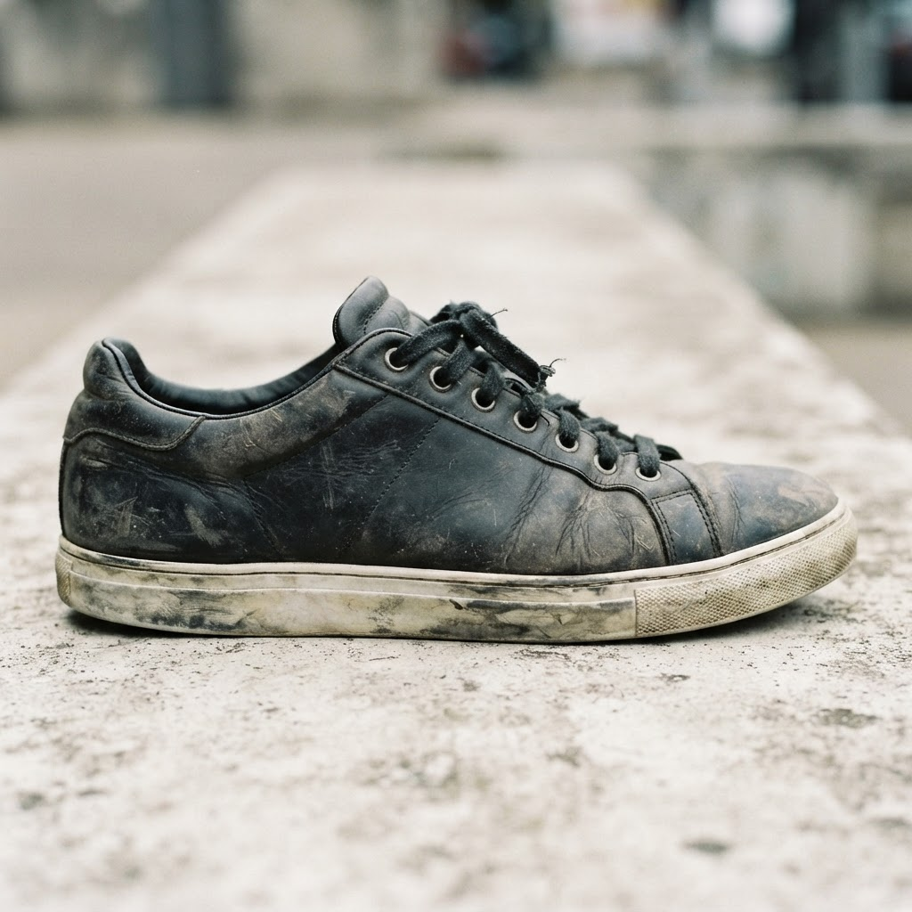 Before: Worn black leather low-top trainer before and after a deep clean