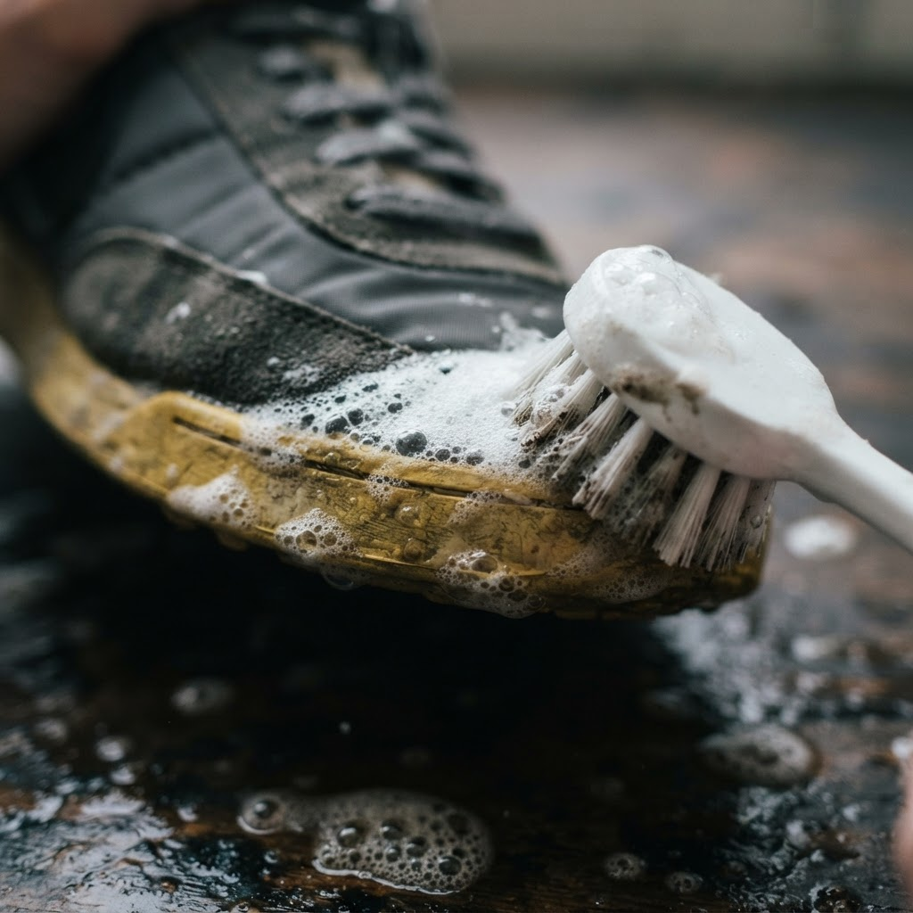 Cleaning foam and a brush lifting dirt from the yellowed midsole of a trainer