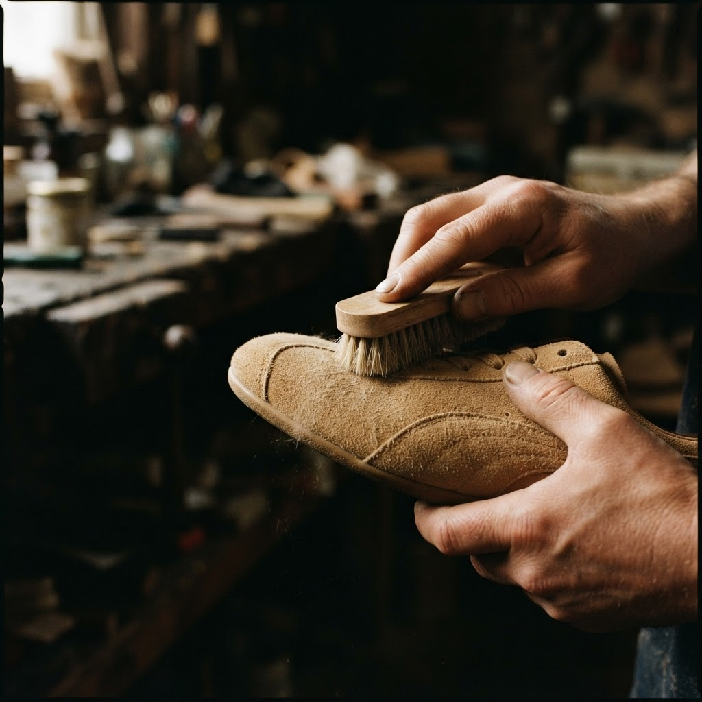 Hands working a soft bristle brush across the suede upper of a trainer at a workbench