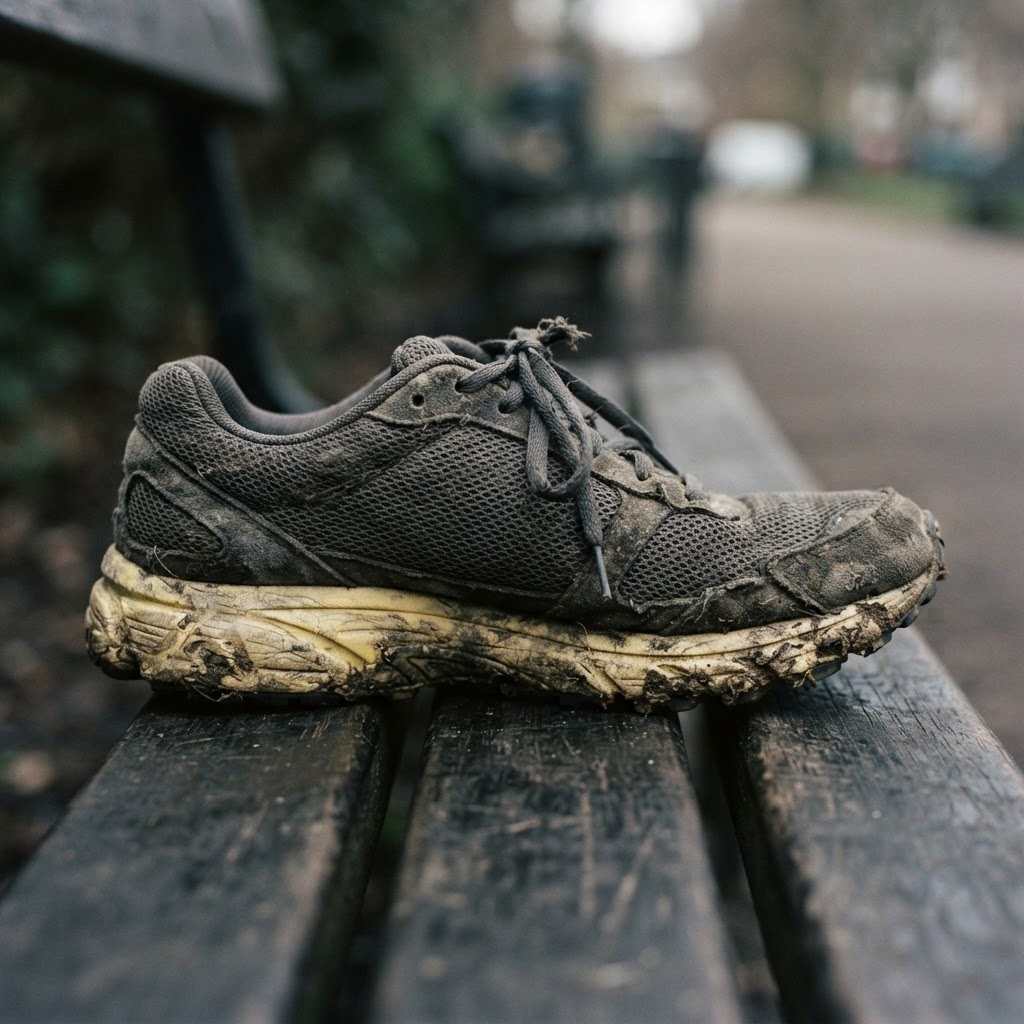 Before: Grey mesh running trainer before and after a deep clean