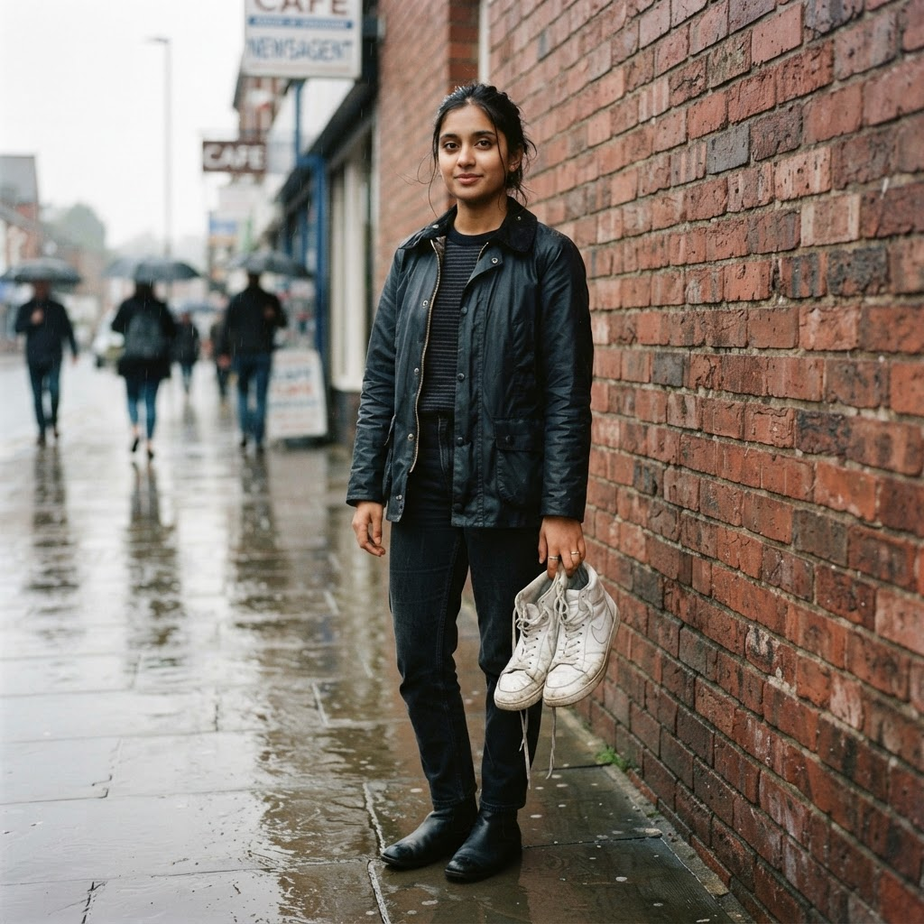 A young woman standing against a red brick wall holding worn white leather trainers by the laces