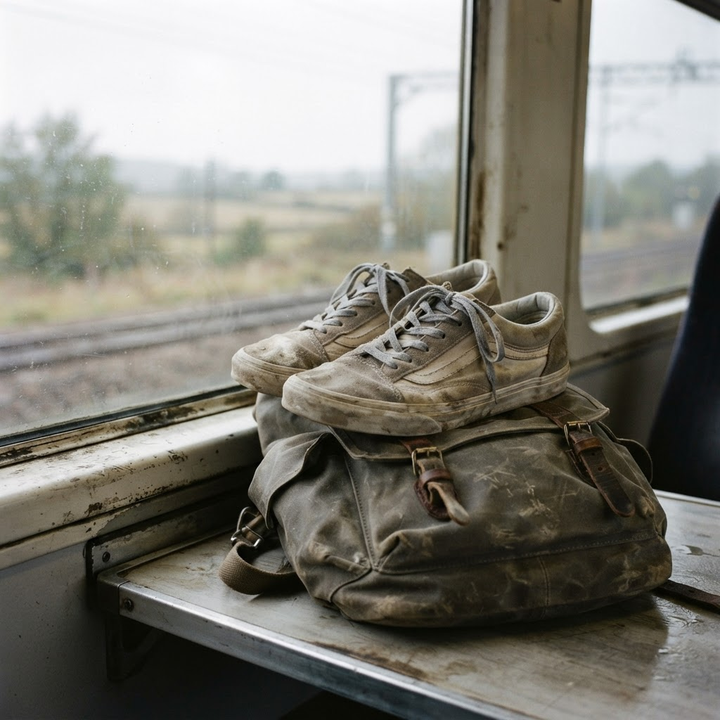 A battered pair of travel-worn trainers resting on a canvas rucksack beside a train window