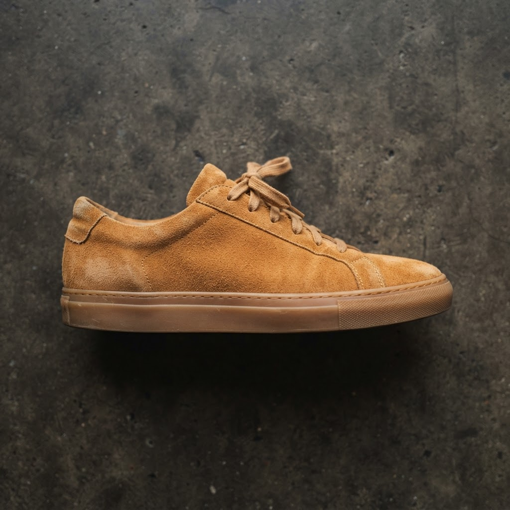 After: Tan suede low-top trainer before and after specialist suede care