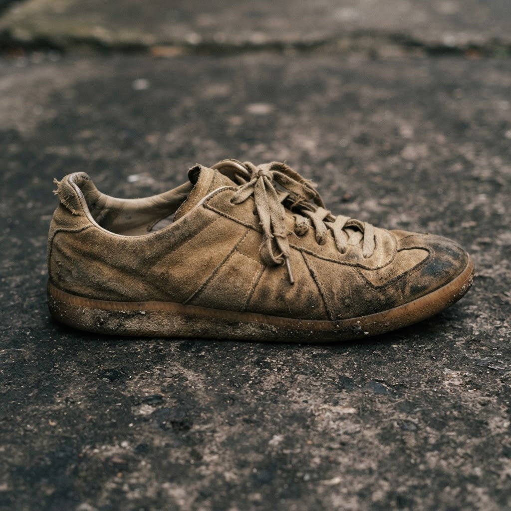 Before: Tan suede low-top trainer before and after specialist suede care