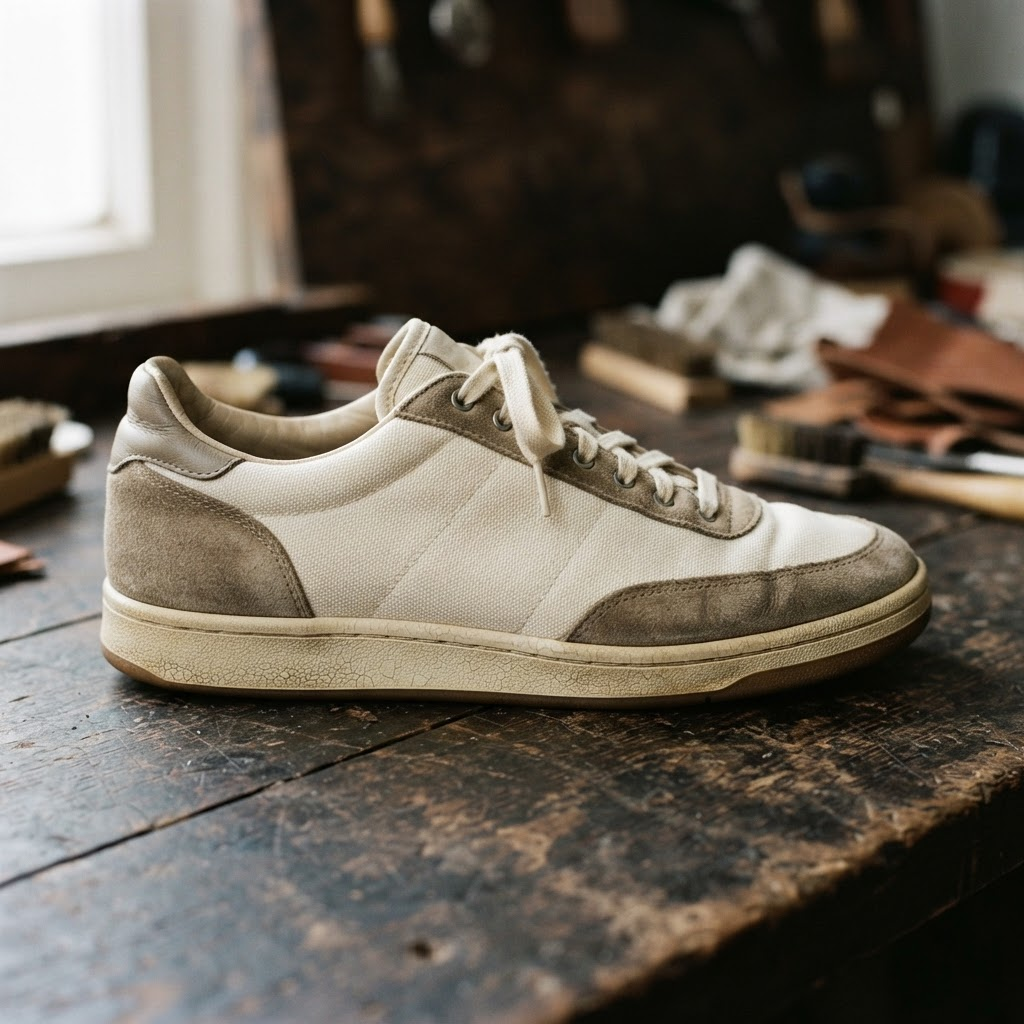 After: Vintage canvas and leather trainer before and after conservative cleaning